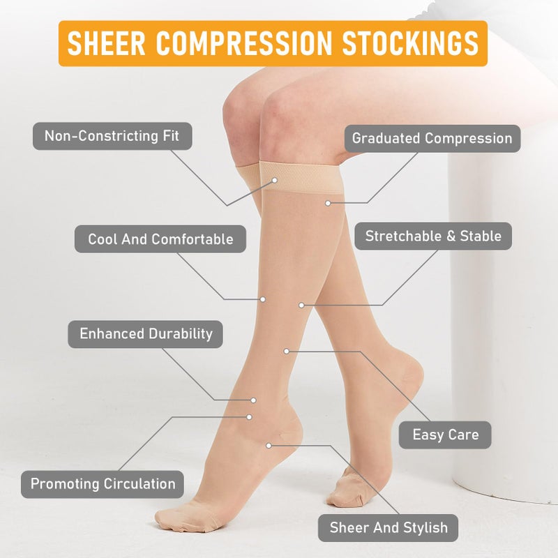 BSERA 2 Pairs Sheer Compression Socks for Women - 15-20 mmHg Knee High Sheer Compression Stockings for Support Circulation Swelling Edema Work Office Travel, Beige, Medium - Image 3