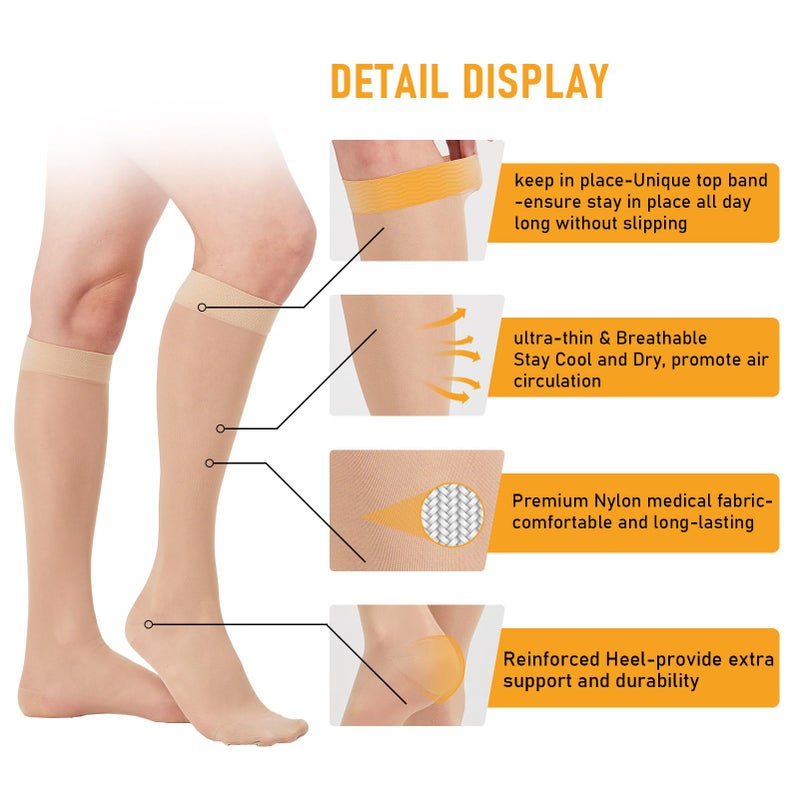 BSERA 2 Pairs Sheer Compression Socks for Women - 15-20 mmHg Knee High Sheer Compression Stockings for Support Circulation Swelling Edema Work Office Travel, Beige, Medium - Image 4