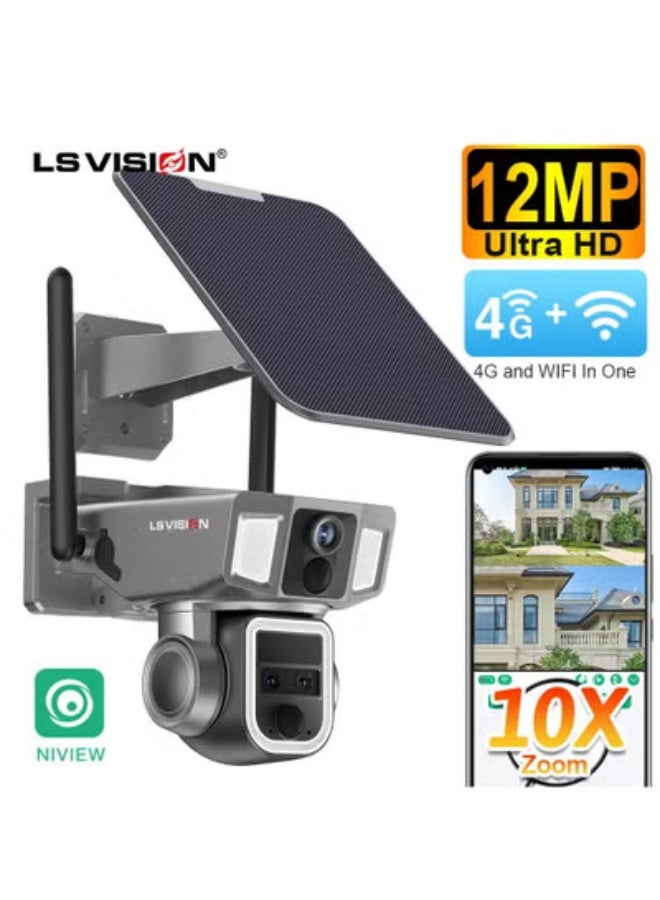 LS VISION 12MP 6K Solar Security Camera Outdoor, 4G/WiFi Dual Network CCTV Camera with 10X Zoom, Triple Lens, Dual Screen, Auto Tracking & PIR Motion Detection - Image 2