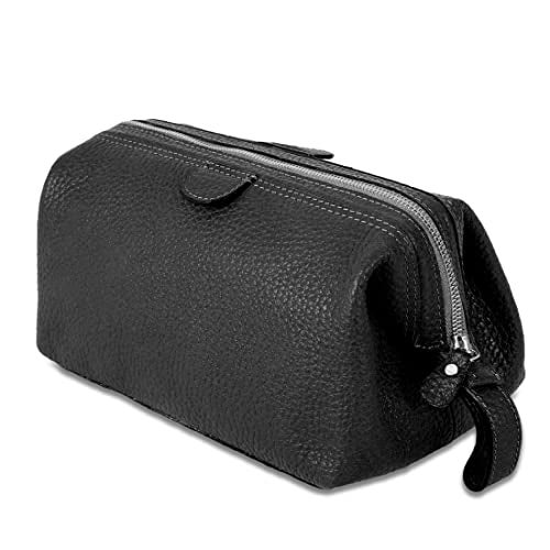 KomalC Large Premium Leather toiletry bag for Men and Women, travel utility Dopp kit wash bag (Black) - Image 1