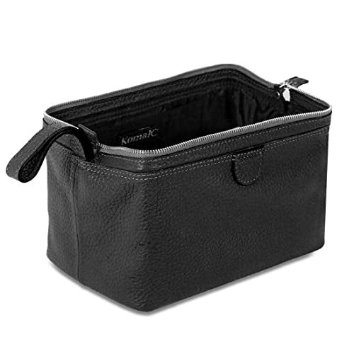 KomalC Large Premium Leather toiletry bag for Men and Women, travel utility Dopp kit wash bag (Black) - Image 4