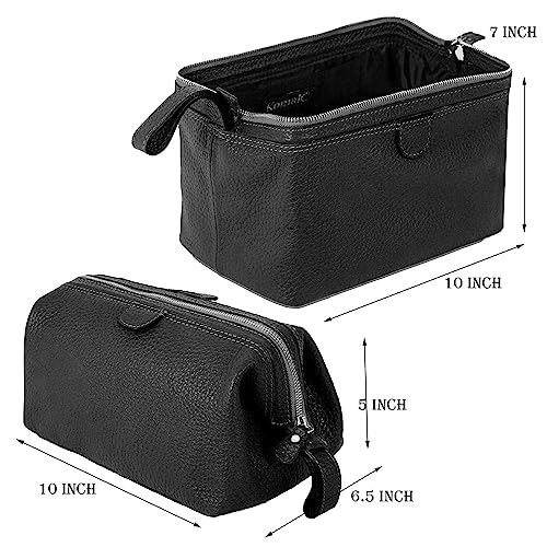 KomalC Large Premium Leather toiletry bag for Men and Women, travel utility Dopp kit wash bag (Black) - Image 2