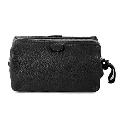 KomalC Large Premium Leather toiletry bag for Men and Women, travel utility Dopp kit wash bag (Black) - Image 3