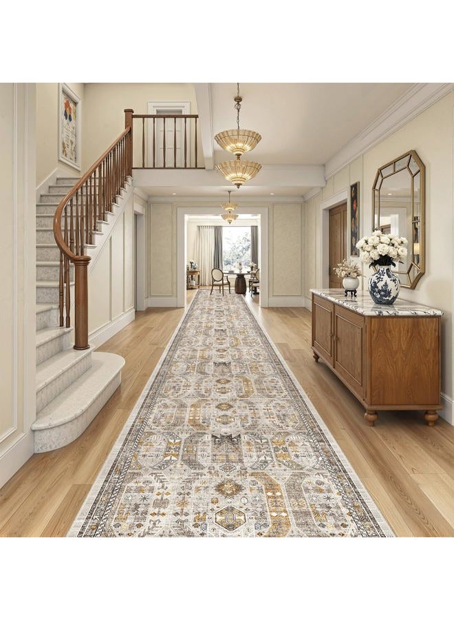 Madane 3x20 Hallway Runner Rug - Extra Long Carpet Runners for Hallways 20ft Non Slip Stain Resistant Rugs Runner for Living Room Bedroom 20 Feet Distressed Floor Carpet for Kitchen, Brown/Gold - Image 2