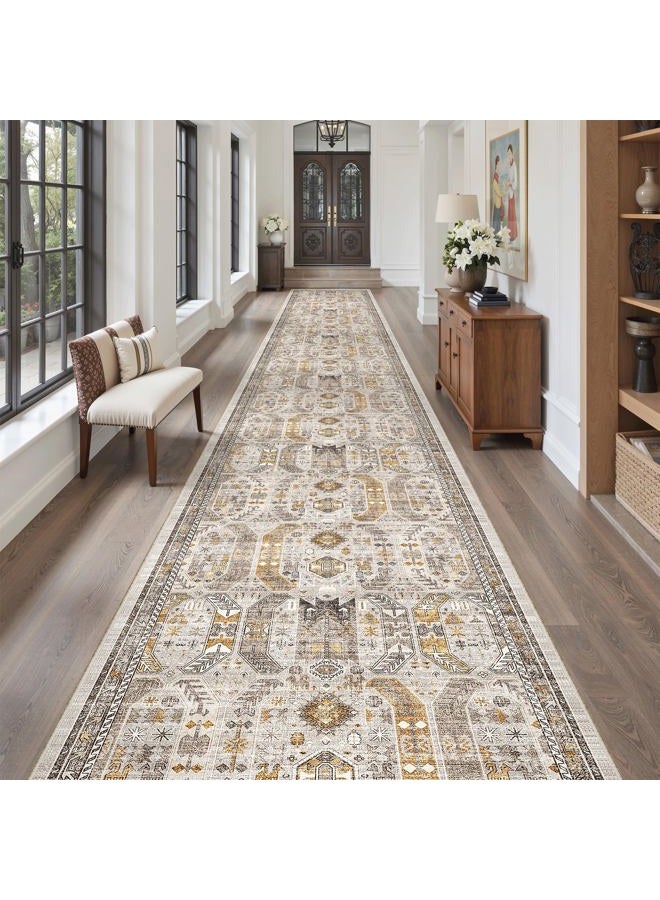 Madane 3x20 Hallway Runner Rug - Extra Long Carpet Runners for Hallways 20ft Non Slip Stain Resistant Rugs Runner for Living Room Bedroom 20 Feet Distressed Floor Carpet for Kitchen, Brown/Gold - Image 4