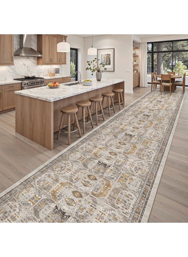 Madane 3x20 Hallway Runner Rug - Extra Long Carpet Runners for Hallways 20ft Non Slip Stain Resistant Rugs Runner for Living Room Bedroom 20 Feet Distressed Floor Carpet for Kitchen, Brown/Gold - Image 3