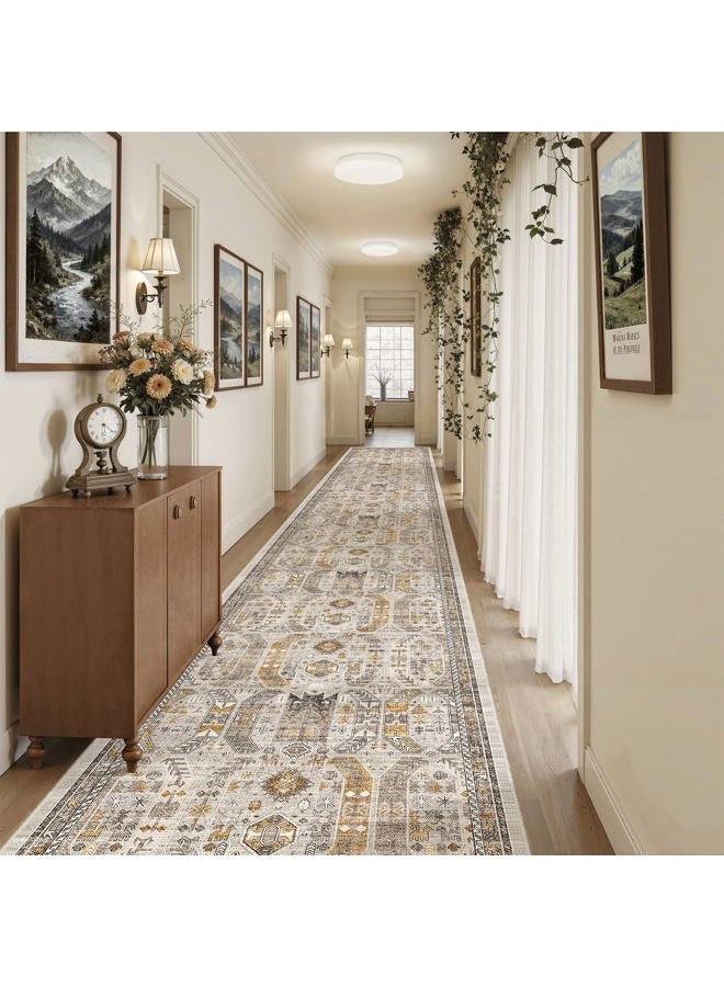 Madane 3x20 Hallway Runner Rug - Extra Long Carpet Runners for Hallways 20ft Non Slip Stain Resistant Rugs Runner for Living Room Bedroom 20 Feet Distressed Floor Carpet for Kitchen, Brown/Gold - Image 1