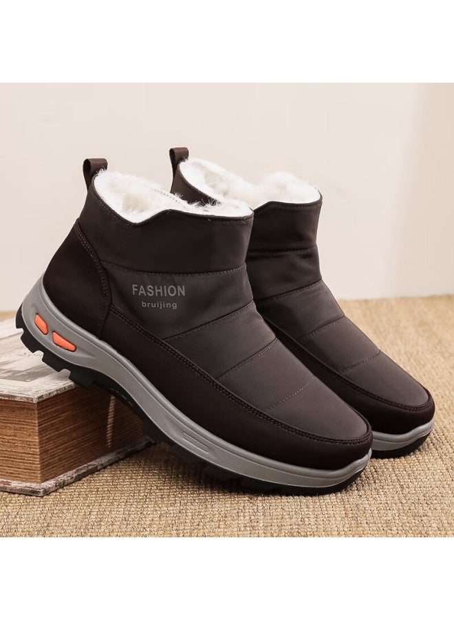 Anglerfish Winter Pure Wool Warm Men's Old Beijing Cloth Shoes Thickened Waterproof Dad High-top Cotton Boots 23503 Coffee 45 - Image 1