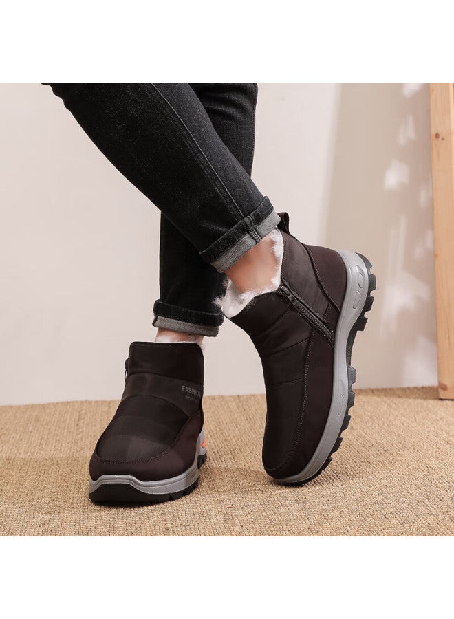 Anglerfish Winter Pure Wool Warm Men's Old Beijing Cloth Shoes Thickened Waterproof Dad High-top Cotton Boots 23503 Coffee 45 - Image 2