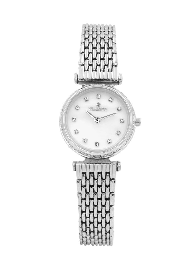 Clasico ساعة معصم نسائية فاخرة من غريس بشبكة فضية 30 مم - قرص من أم اللؤلؤ مع علامات كريستالية، حركة كوارتز - Image 1