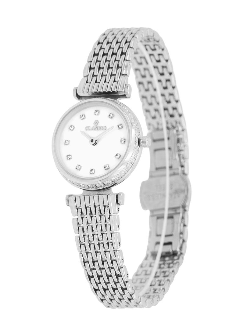 Clasico ساعة معصم نسائية فاخرة من غريس بشبكة فضية 30 مم - قرص من أم اللؤلؤ مع علامات كريستالية، حركة كوارتز - Image 2
