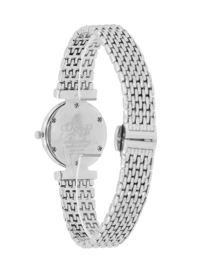 Clasico ساعة معصم نسائية فاخرة من غريس بشبكة فضية 30 مم - قرص من أم اللؤلؤ مع علامات كريستالية، حركة كوارتز - Image 4