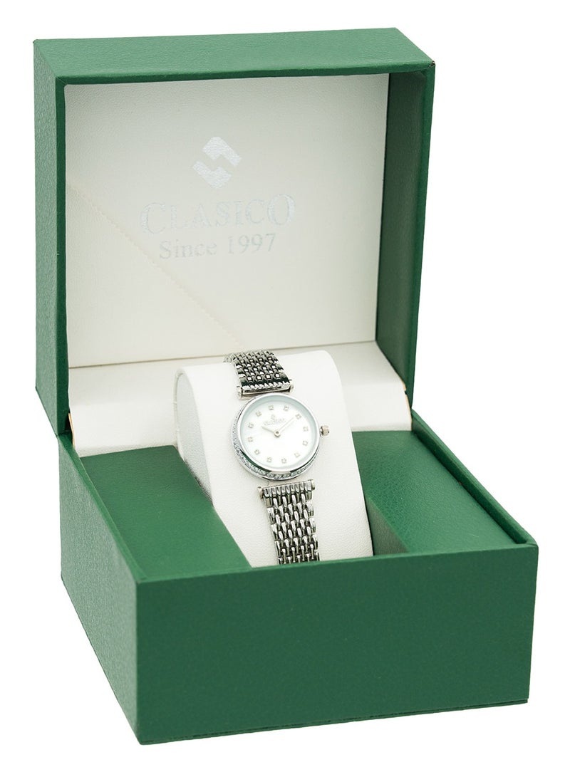 Clasico ساعة معصم نسائية فاخرة من غريس بشبكة فضية 30 مم - قرص من أم اللؤلؤ مع علامات كريستالية، حركة كوارتز - Image 5
