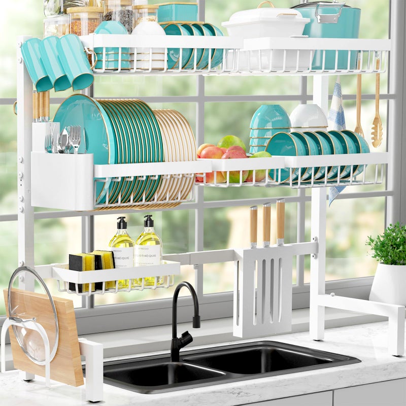 Sakugi Over The Sink Dish Drying Rack  Adjustable 3 Tier XXLarge Capacity Stainless Steel Drainer with Cutlery  Utensil Holders Kitchen Storage  Organization 315395L x 12W x 305H White