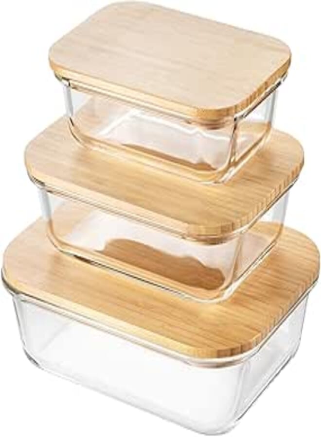 3Pcs Glass Food Storage Containers with Bamboo Lids, Azonee Eco-Friendly Meal Prep Containers, Airtight Nesting Lunch Box, Plastic-Free, Reusable Glass Containers