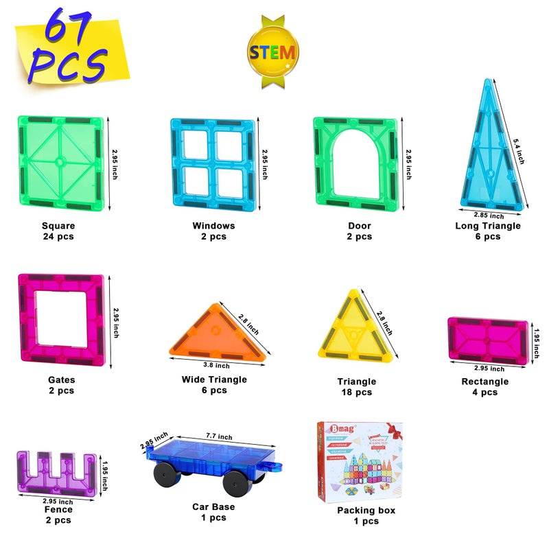 Bmag Magnetic Tiles 67 PCS with 1 Car Building Blocks for Toddlers 3D Magnet STEM Educational Learning Building Blocks for Kids Children Stacking Montessori Toys Gifts for Boys Girls - Image 3