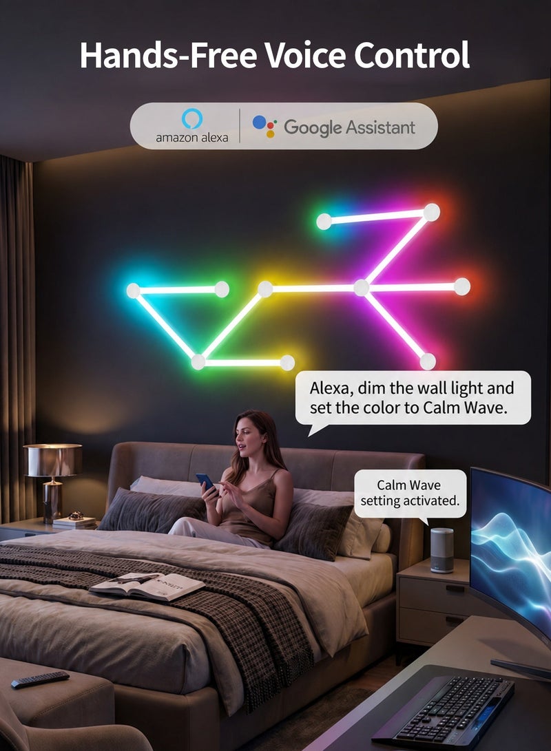 EOOKOC لوحات إضاءة حائط ليد ذكية واي فاي (9 قطع)، ألوان RGB متزامنة مع الموسيقى، 40+ مشهداً ديناميكياً، تعمل مع Alexa و Google Assistant، ديكور للغرف والبارات - Image 5