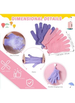 Breling 4 Pack Exfoliating Shower Bath Gloves Back Scrubber Set 2 Exfoliating Body Scrubber Nylon Back Washer 2 Pairs Scrub Gloves For Women Men Children Skin Stretchable Pull Strap Washcloth Pink Purple  - Image 4
