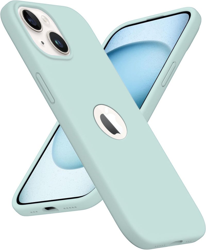 Elzzi Microfiber Logo Cut Cover Compatible for iPhone 13 Case Cushion Liquid Soft Silicone Gel Rubber Phone Cases Non-Slip Full Body Protective Shockproof Back Cover 6.1 inch, Mint Green - Image 1
