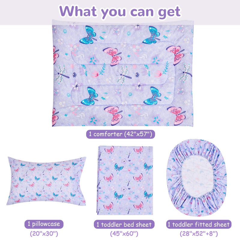 lasoftan Butterfly Toddler Bedding Set for Girls, 4 Piece Bed-in-a-Bag Toddler Comforter Sets, Super Soft Comforter Sheet Set and Comfortable Microfiber Toddler Bed Set - Image 4