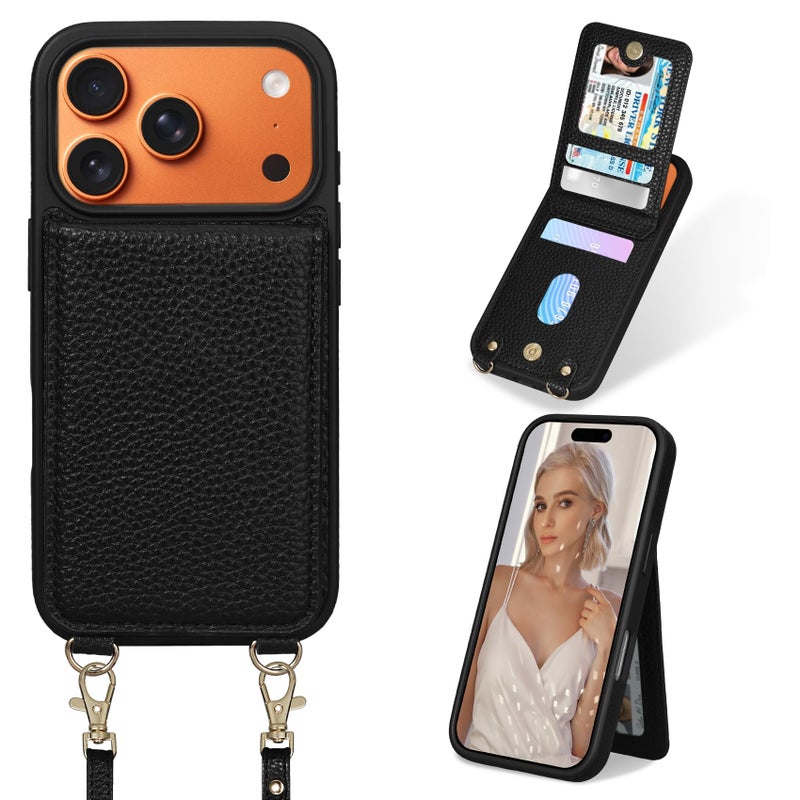 Keallce Case for iPhone 17 Pro 6.3 inch, Crossbody Wallet Case Purse with RFID Blocking 3 Card Holders, Flip Folio Leather Cover with Lanyard Wristlet Strap Women Lady for iPhone 17 Pro, Black - Image 1
