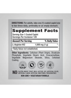 Piping Rock L Arginine Hcl 1000 Mg ; 120 Caplets ; Mega Strength Supplement ; Vegetarian Non Gmo Gluten Free  - Image 3