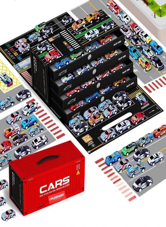 PLUSPOINT 48pcs Pull Back Toy Cars Set, Alloy Racing Cars,Bulk Metal Pull Back Vehicles Set,with Parking lot Car for Kids Ages 3-8 Goodie Bag Stuffers Mini Car Party Favors for Kids Boys and Girls - Image 1