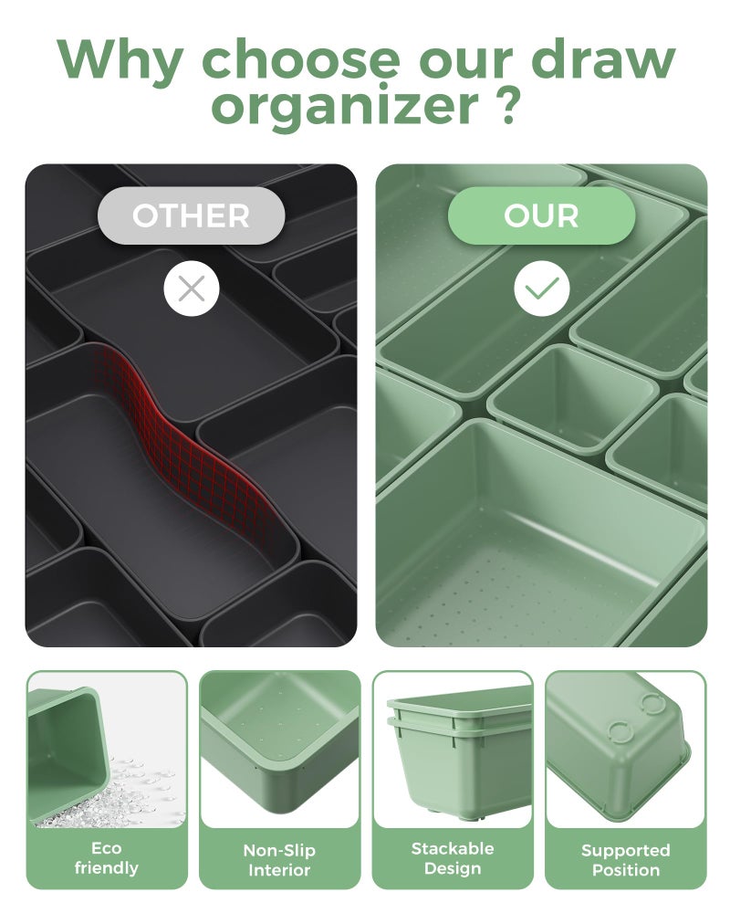 BiuLeon 25 PCS Plastic Drawer Organizers Set, 4-Sizes Vanity and Makeup Organizer, Desk and bathroom Drawer Organizer Trays, Organizers and Storage for Makeup, Jewelry, Gadgets, Utensils (Green) - Image 5