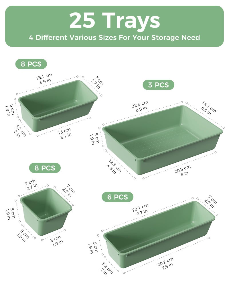 BiuLeon 25 PCS Plastic Drawer Organizers Set, 4-Sizes Vanity and Makeup Organizer, Desk and bathroom Drawer Organizer Trays, Organizers and Storage for Makeup, Jewelry, Gadgets, Utensils (Green) - Image 2