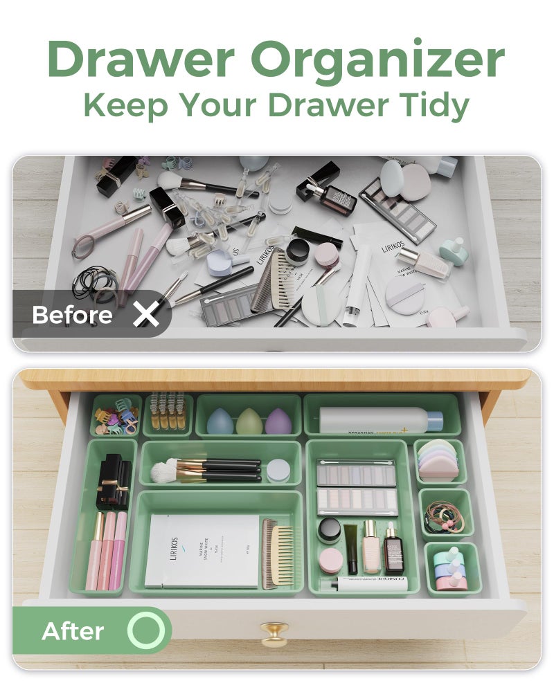 BiuLeon 25 PCS Plastic Drawer Organizers Set, 4-Sizes Vanity and Makeup Organizer, Desk and bathroom Drawer Organizer Trays, Organizers and Storage for Makeup, Jewelry, Gadgets, Utensils (Green) - Image 4