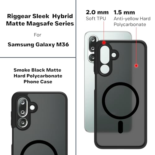 RIGGEAR Shockproof Sleek Hybrid Armor Magnetic Back Cover Case Compatible with MagSafe Accessories for Samsung Galaxy M36 5G / F36 5G (Smoke Black Matte PC + Black TPU Bumper) - Image 3