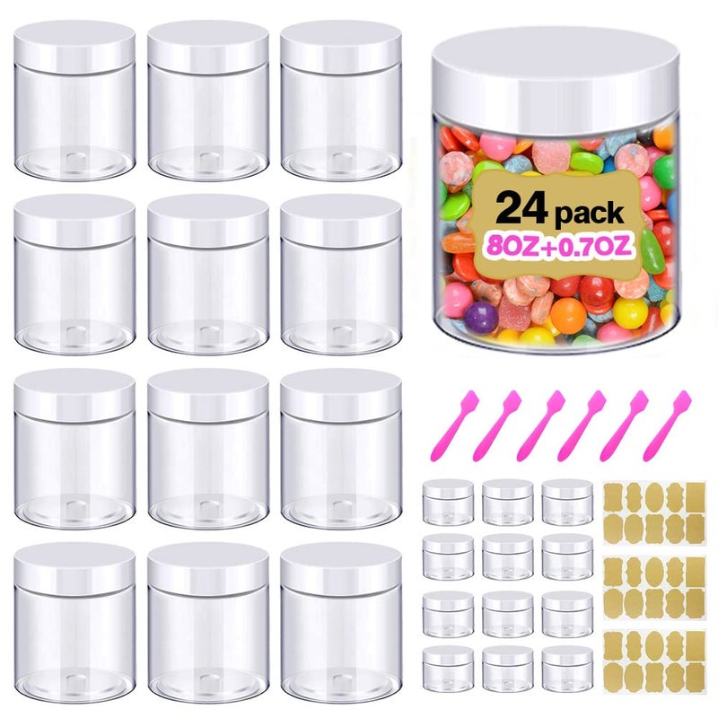 AMORIX 8oz Slime Containers with Lids 8 oz Plastic Jars with White Lids 20g Sample Jars Set of 24 Airtight Container for Lip Scrub Body Butters Cream Slime Craft Storage