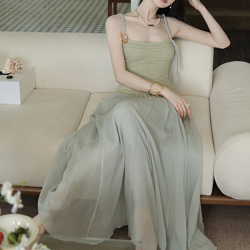 Knitted Midi Spaghetti Strap Dress with Gradient - Image 2