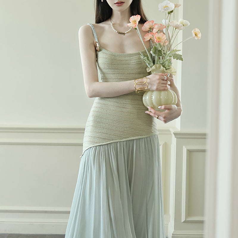 Knitted Midi Spaghetti Strap Dress with Gradient - Image 1