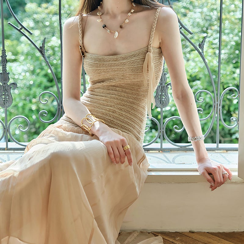 Knitted Midi Spaghetti Strap Dress with Gradient - Image 4