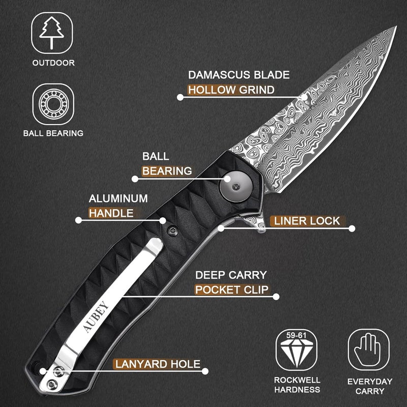 AUBEY Damascus Pocket Knife for Men with Clip EDC, 3.23" VG10 Core Damascus Steel Blade Folding Knife with Black Aluminum Handle, Sharp Camping Knife - Image 3