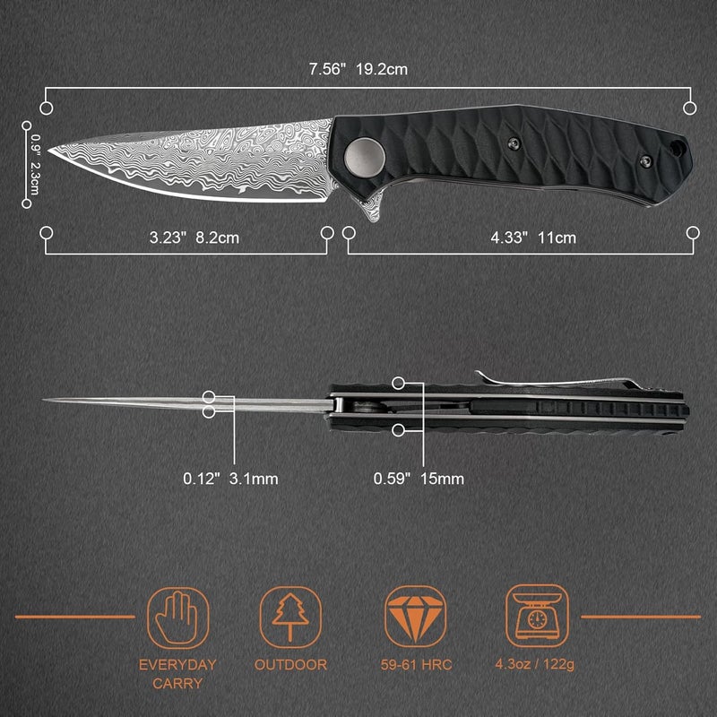 AUBEY Damascus Pocket Knife for Men with Clip EDC, 3.23" VG10 Core Damascus Steel Blade Folding Knife with Black Aluminum Handle, Sharp Camping Knife - Image 5