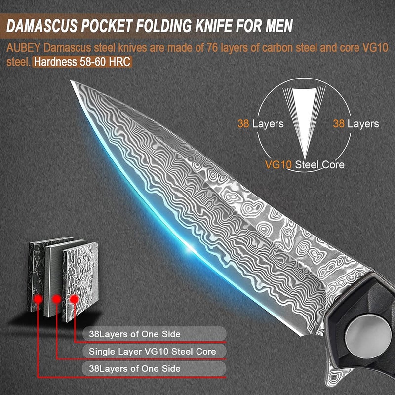 AUBEY Damascus Pocket Knife for Men with Clip EDC, 3.23" VG10 Core Damascus Steel Blade Folding Knife with Black Aluminum Handle, Sharp Camping Knife - Image 4