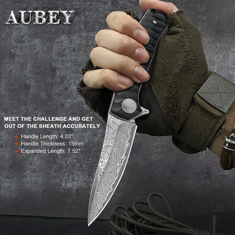 AUBEY Damascus Pocket Knife for Men with Clip EDC, 3.23" VG10 Core Damascus Steel Blade Folding Knife with Black Aluminum Handle, Sharp Camping Knife - Image 2