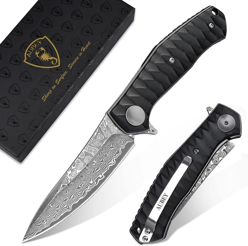 AUBEY Damascus Pocket Knife for Men with Clip EDC, 3.23" VG10 Core Damascus Steel Blade Folding Knife with Black Aluminum Handle, Sharp Camping Knife - Image 1