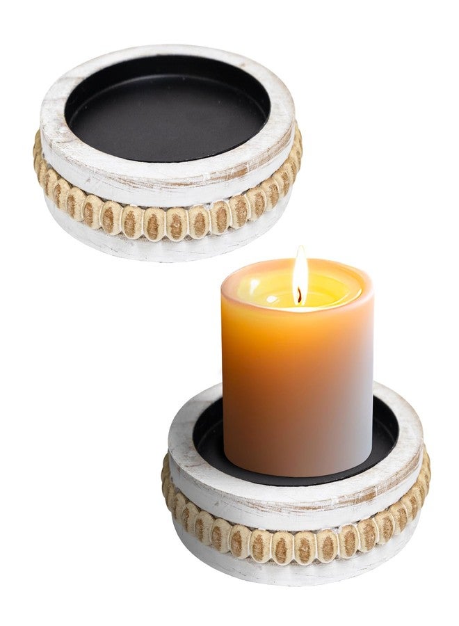 CEDARLUX Candle Pedestal for Pillar Candle Set of 2, Rustic Round Beaded Risers Wood Tray, Farmhouse Wood Beaded Trayfor Tiered Tray, Candle, Mug Display Decorative, Table Centerpiece, Antique White - Image 1