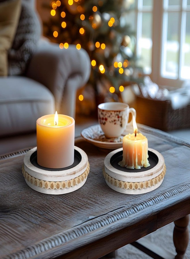 CEDARLUX Candle Pedestal for Pillar Candle Set of 2, Rustic Round Beaded Risers Wood Tray, Farmhouse Wood Beaded Trayfor Tiered Tray, Candle, Mug Display Decorative, Table Centerpiece, Antique White - Image 5