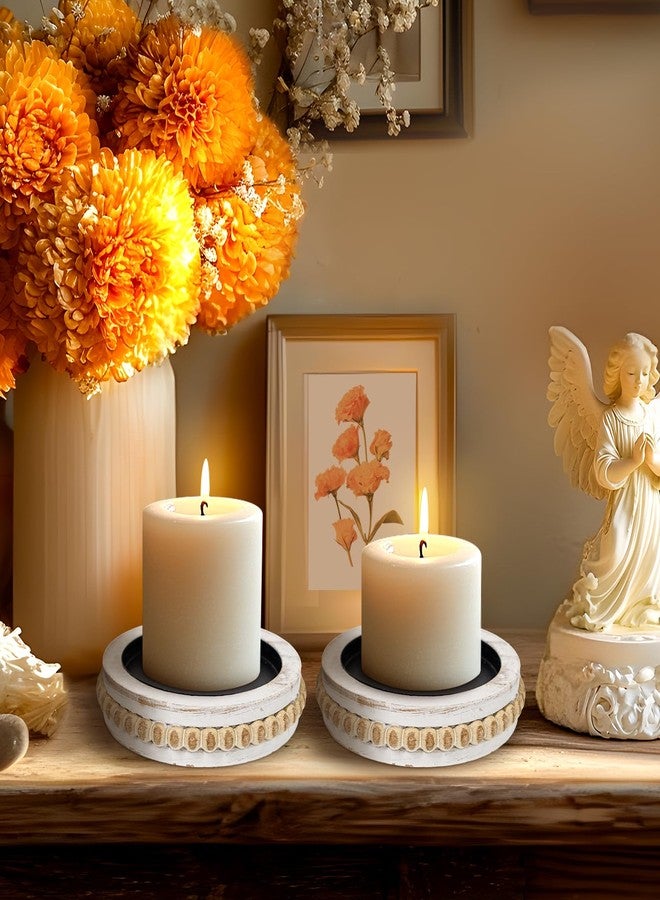 CEDARLUX Candle Pedestal for Pillar Candle Set of 2, Rustic Round Beaded Risers Wood Tray, Farmhouse Wood Beaded Trayfor Tiered Tray, Candle, Mug Display Decorative, Table Centerpiece, Antique White - Image 4