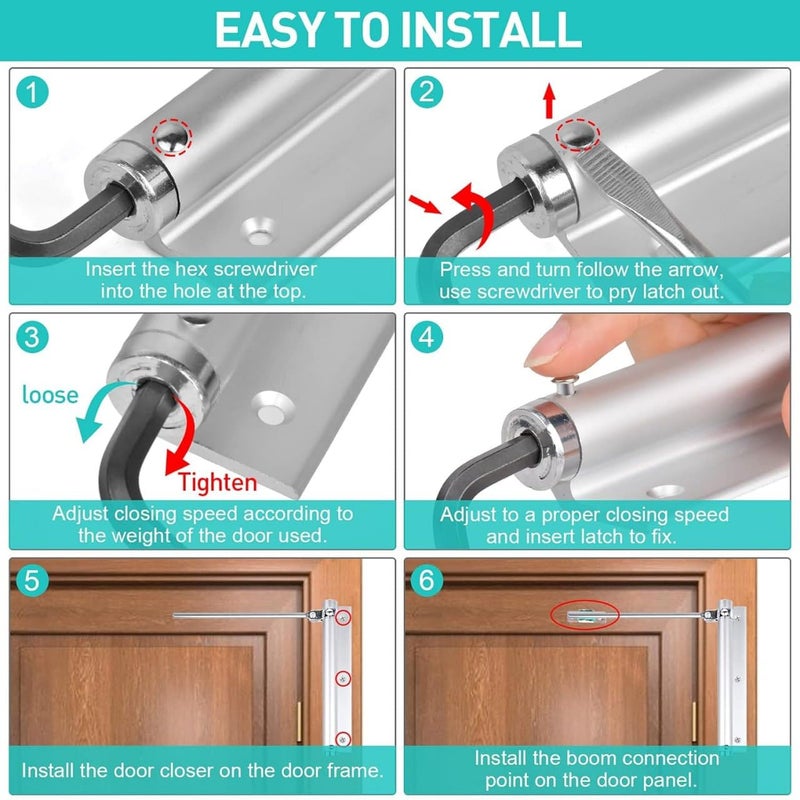 TRIVYOM Adjustable Spring Door Closer Automatic Door Closer for Residential Commercial Use Surface Mounted Door Closer Soft Quiet Closing Door Suitable All Light Weight Door Silver - Image 4