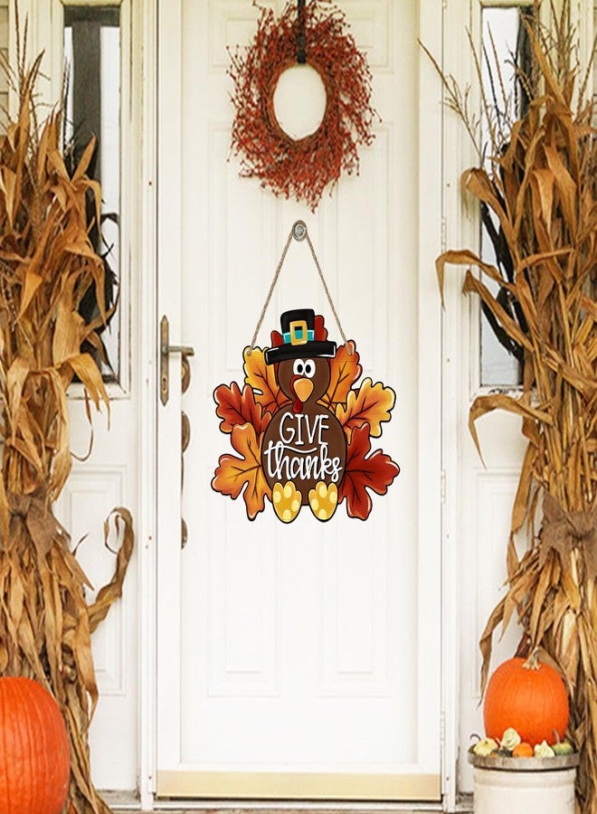 Deroro Give Thanks Sign Turkey Front Door Decor Thanksgiving Day Wood Door Hanger, Fall Wooden Thankful Wreath Hanging Decoration for Outdoor Outside Porch - Image 4