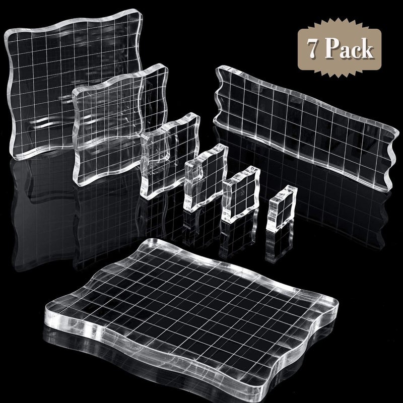Mudder 7 Pieces Acrylic Stamp Blocks Set Clear Stamping Blocks Tools for Kids with Grid and Grip Scrapbooking Craft Making, Decorative DIY Essential Stamping Tool(Lace Edge) - Image 1