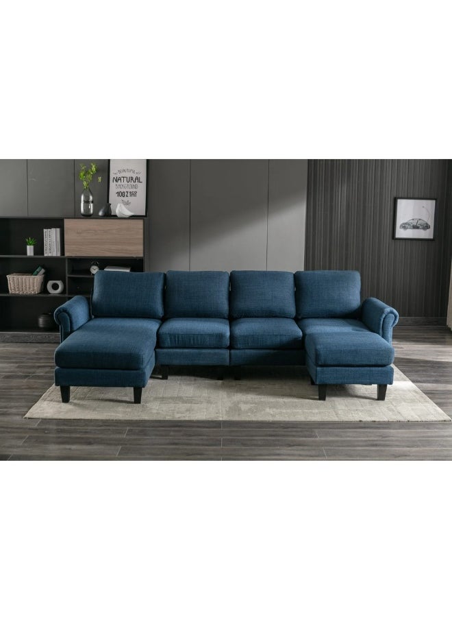 Homzmart Swedish Wood and Linen L-Shape Sofa - Blue  - Image 1