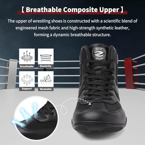 ziitop Wrestling Shoes Men Boxing Shoe for Mens Weightlifting Powerlifting Deadlift Squatting High Top Fitness Zero Drop Black - Image 3