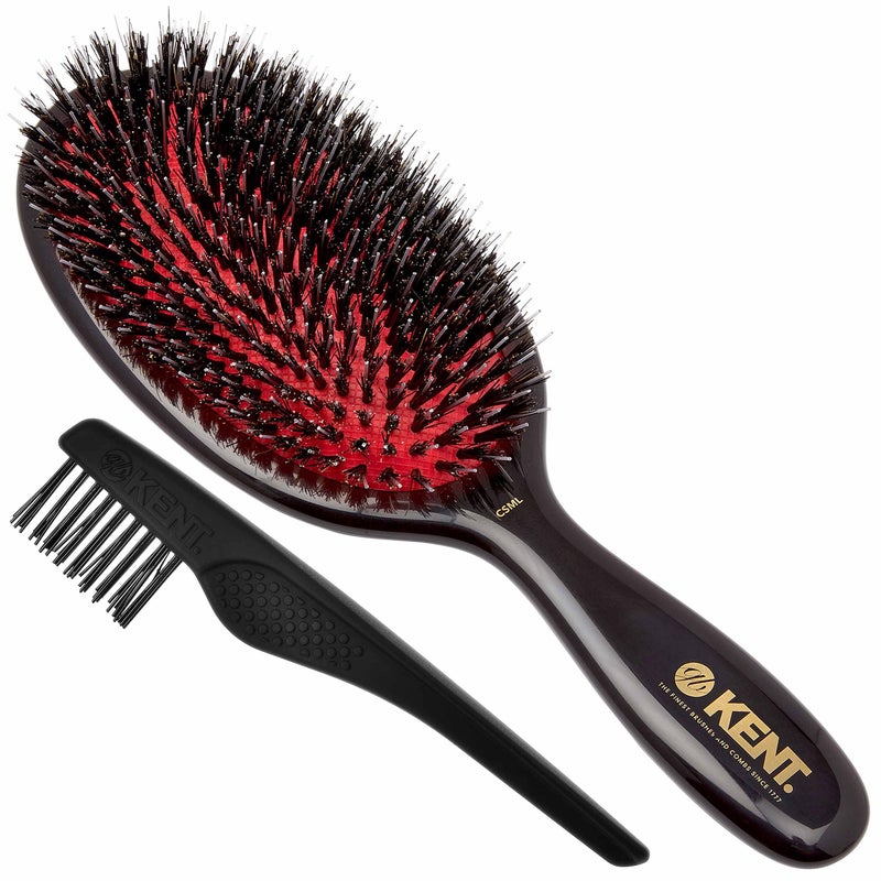 Kent CSML 9" Classic Shine Large Oval Cushion Straightening Brush - Natural Boar Bristle Hairbrush with Nylon Quills - Shine Hair Brush and Scalp Brush for Medium to Thick Hair (+ Hair Brush Cleaner) - Image 1