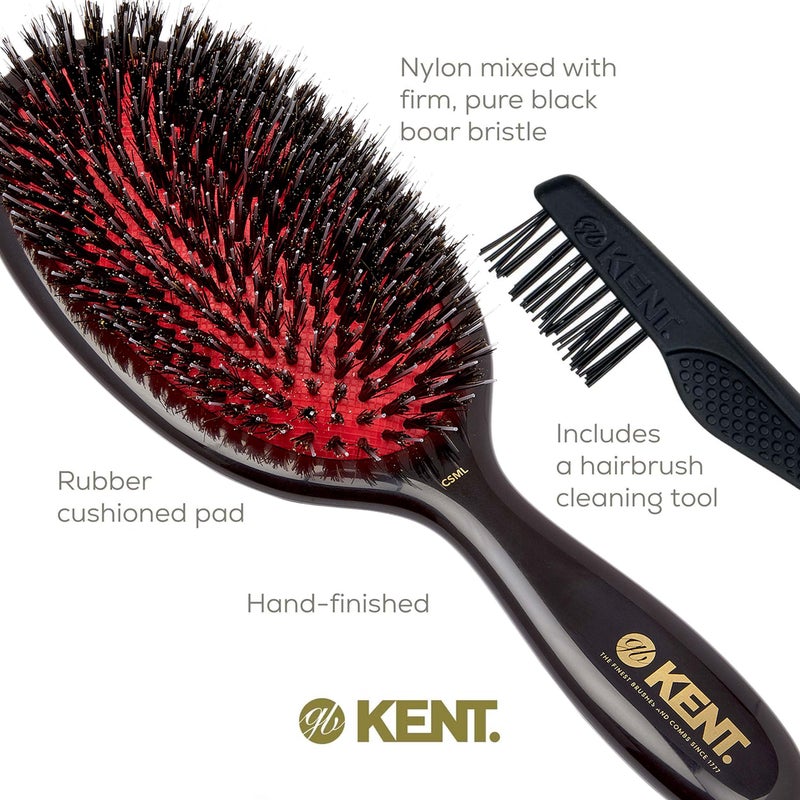 Kent CSML 9" Classic Shine Large Oval Cushion Straightening Brush - Natural Boar Bristle Hairbrush with Nylon Quills - Shine Hair Brush and Scalp Brush for Medium to Thick Hair (+ Hair Brush Cleaner) - Image 5